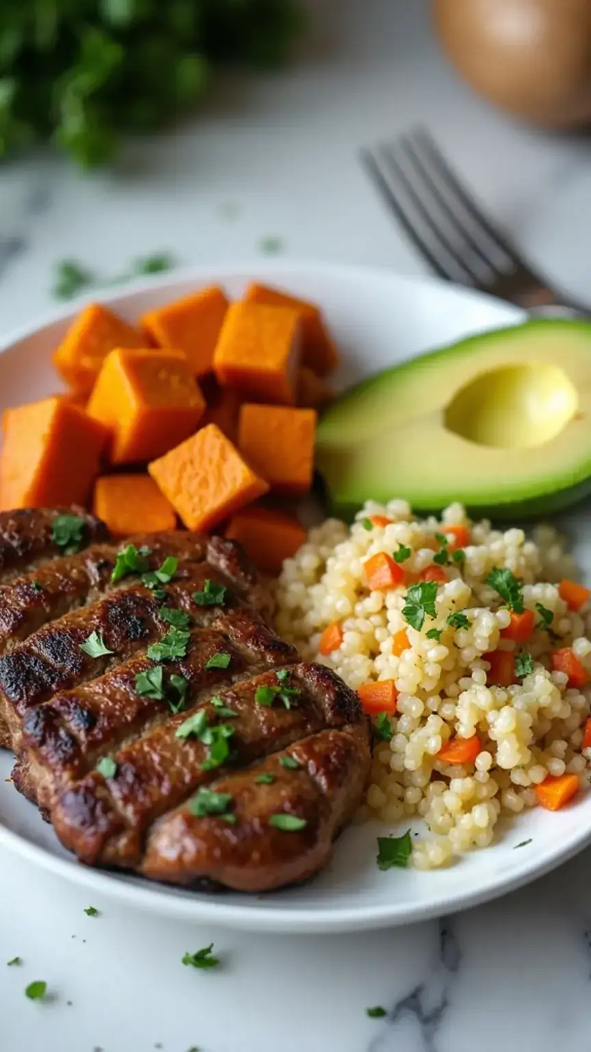 Healthy meal plate with protein, carbs, and fats, illustrating eating to support muscle building after 40, nutrition for aging men, strength training diet.
