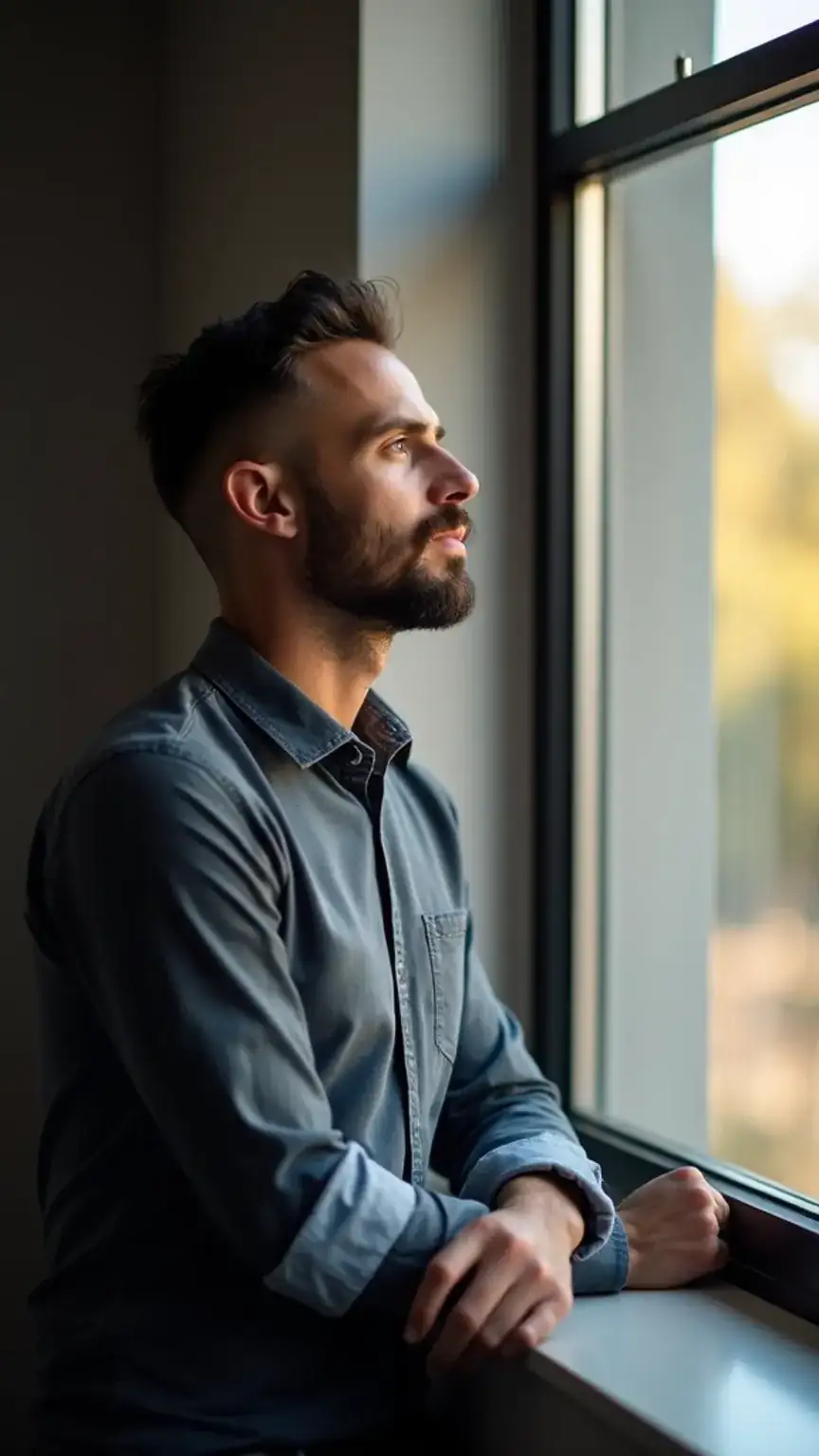 Conclusion for men's stress and anxiety management. A man looking towards a brighter future with newfound calm. Keywords: stress management, anxiety tips for men, mental health journey, progress, hope.