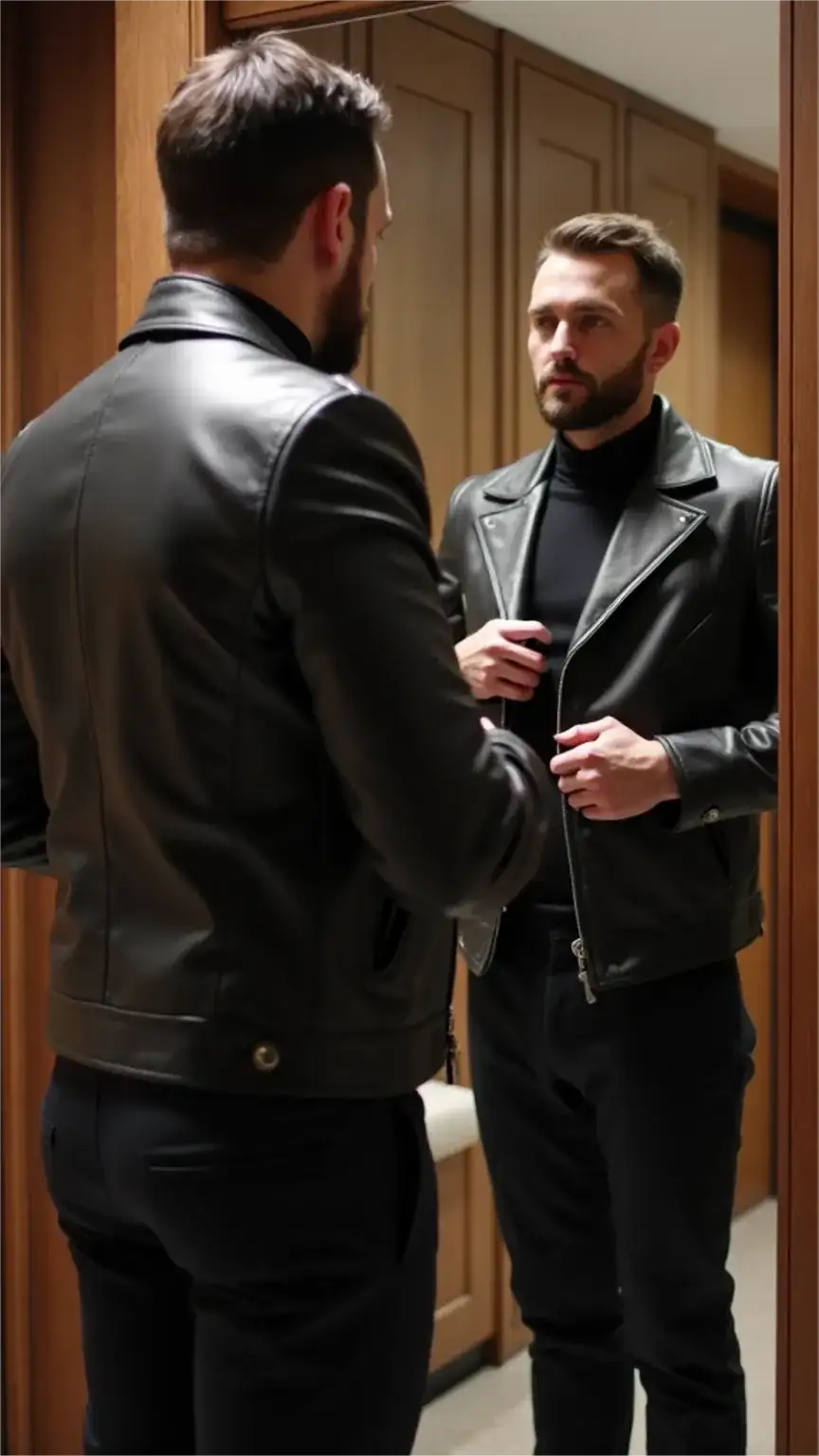 Checking the fit of a men's leather jacket, ensuring proper tailoring and comfort. Key advice for buying the best leather jackets for men.