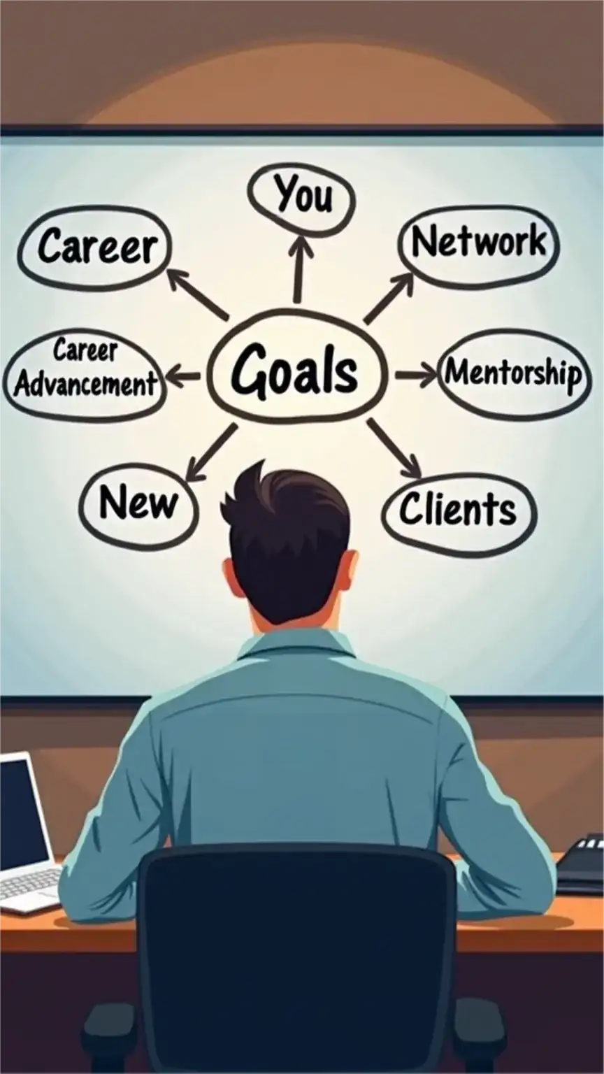 Identifying career goals for professional networking. Man planning business objectives on whiteboard. Keywords: career networking, professional development, networking goals, business strategy.