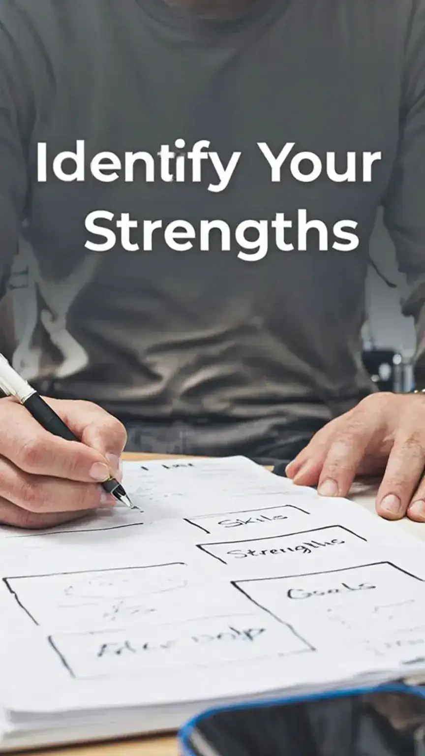 Identifying personal strengths for career adaptation, career change advice for men. Masculine visual style, skill assessment, professional development.