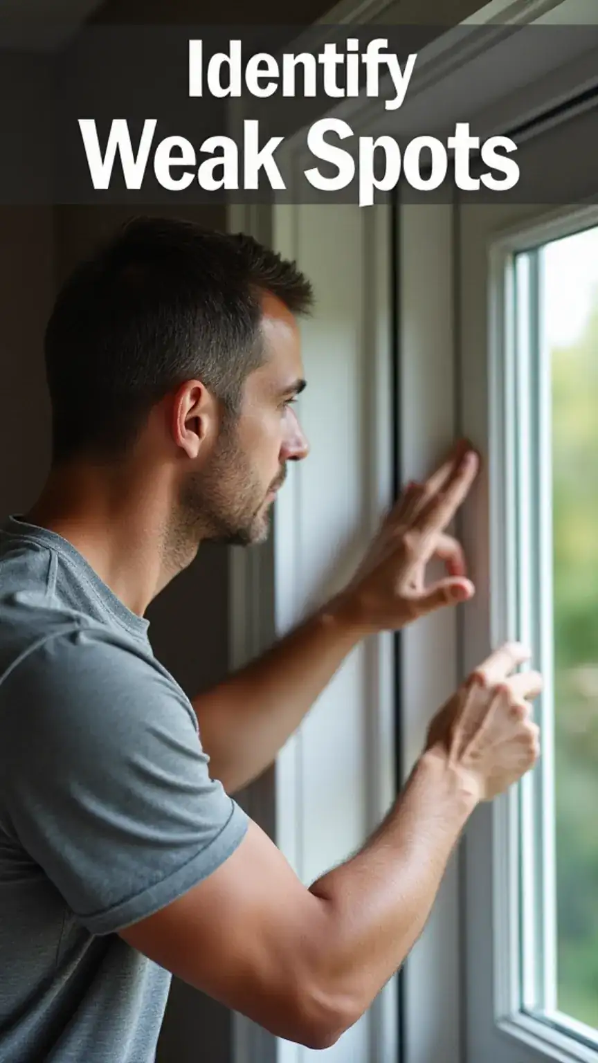 Man inspecting a home's window and door for security vulnerabilities. Illustrates assessing home security needs and identifying weak spots.