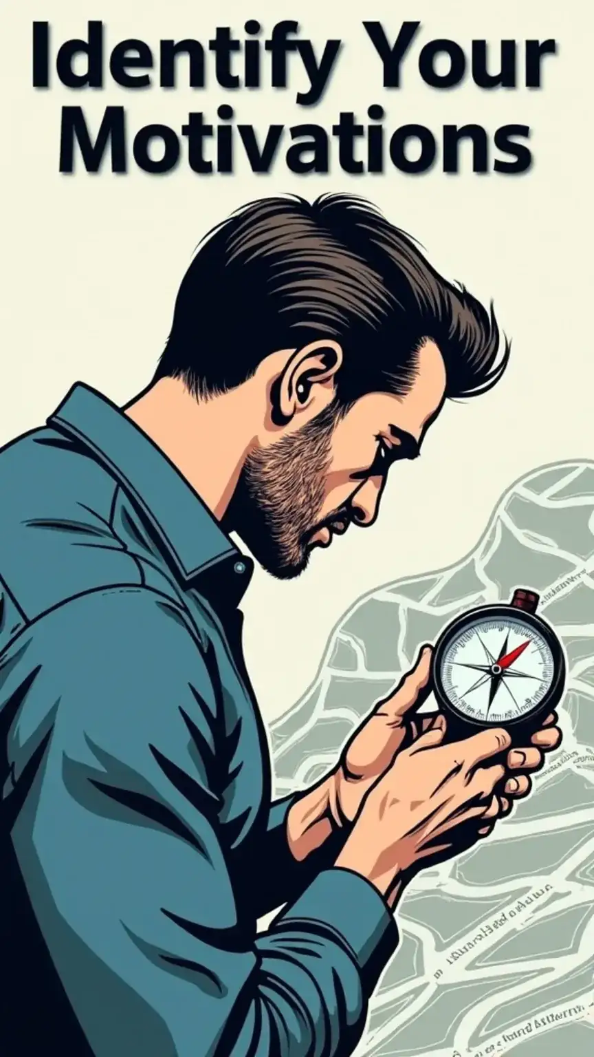 Man identifying motivations and goals, personal growth journey with introspection. Finding direction in life.