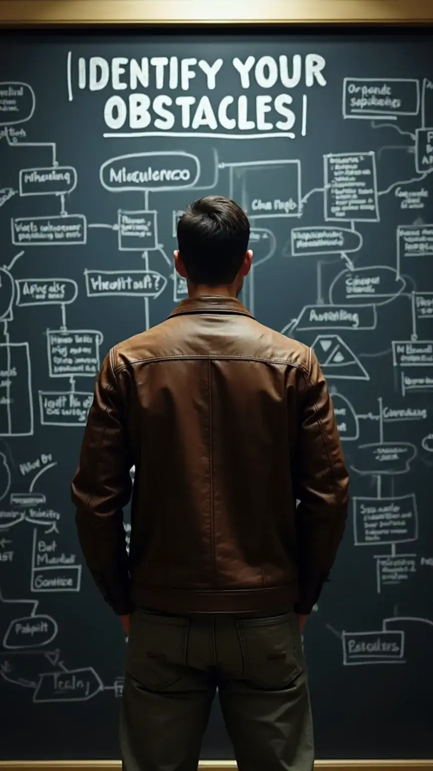 Man identifying business obstacles, overcoming entrepreneur challenges with a thought-provoking visual. Keywords: entrepreneur challenges, business obstacles, startup challenges, planning.