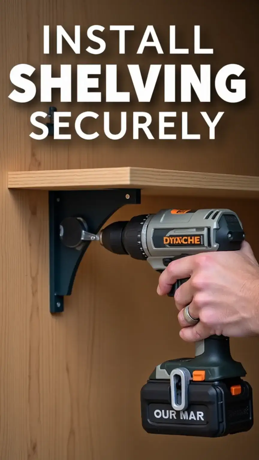 Installing shelving and storage solutions, DIY project, home organization, securing shelves to wall studs, power tool usage.