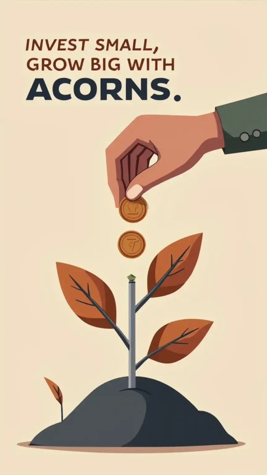 Visual representation of micro-investing, showing coins contributing to growth, symbolizing apps like Acorns. Focuses on growing wealth with small, consistent investments for men.