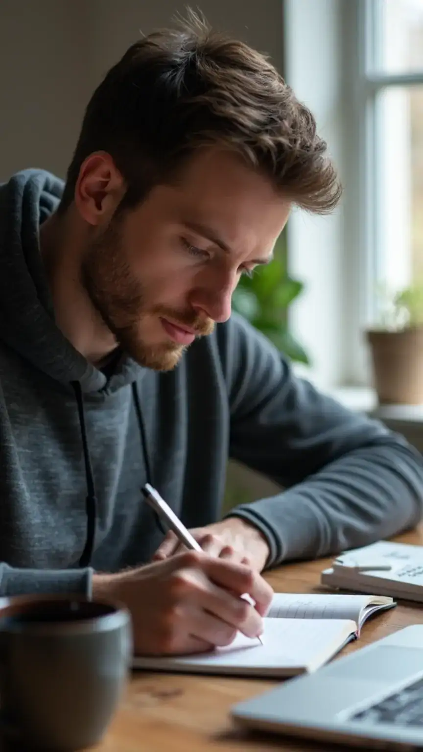 Identifying stress triggers for men. A man writing in a journal to manage anxiety and improve mental well-being. Keywords: stress triggers, anxiety causes, mens mental health, self-reflection, coping mechanisms.