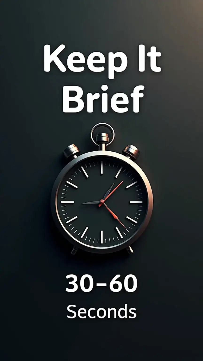 Stylized stopwatch symbolizing a concise elevator pitch. Networking tips for keeping introductions short and impactful.