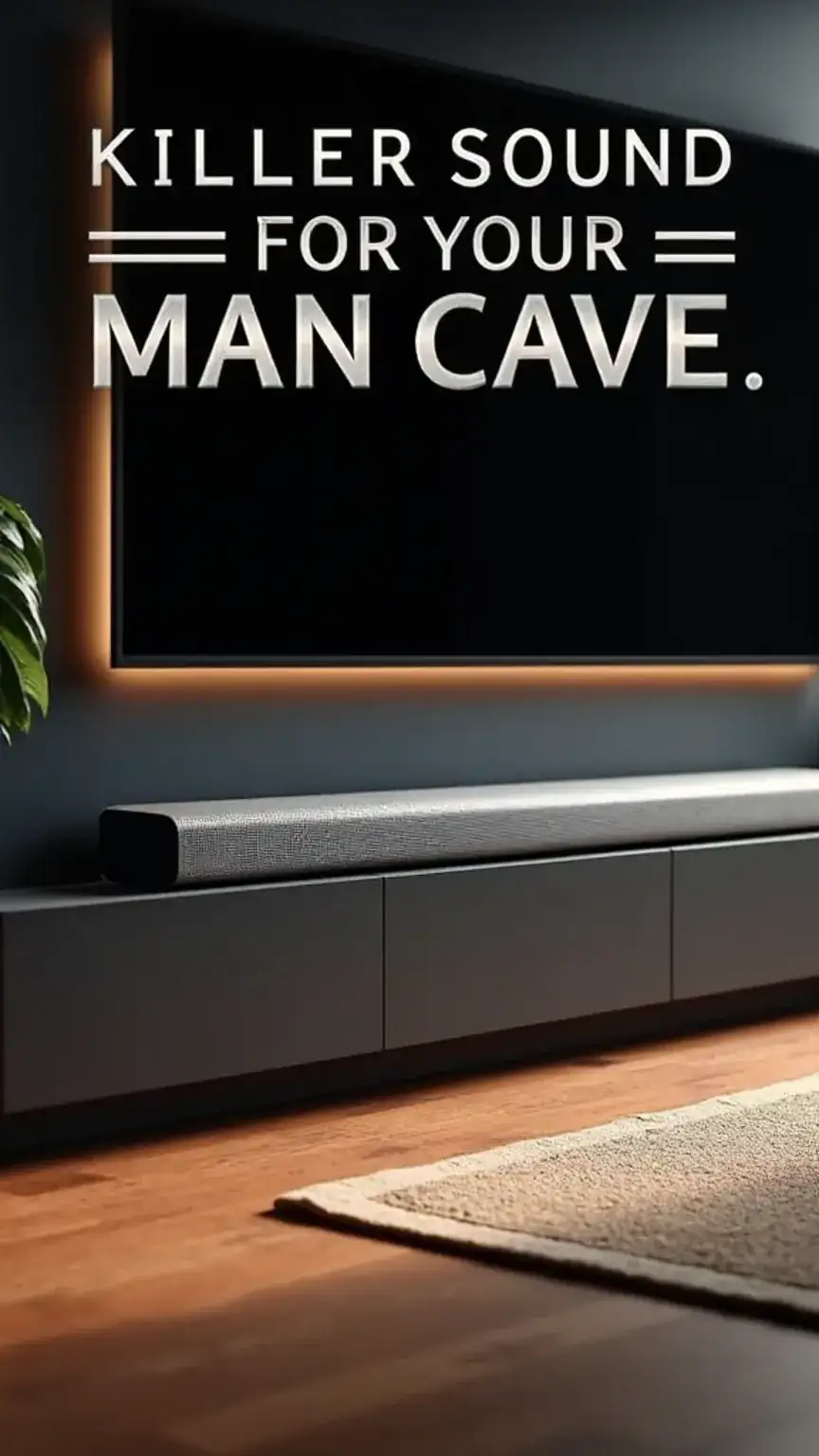 Man cave sound system upgrade with a sleek soundbar, essential for gaming and entertainment. High-quality audio tech for ultimate man caves. Best man cave gadgets.