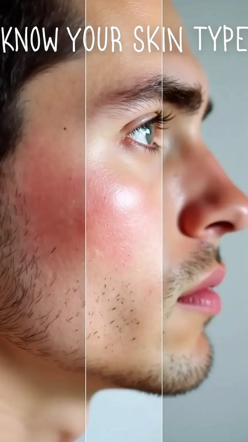 Illustrations of men's skin types: sensitive, oily, dry. Razor guide, understanding skin for shaving, men's skincare.