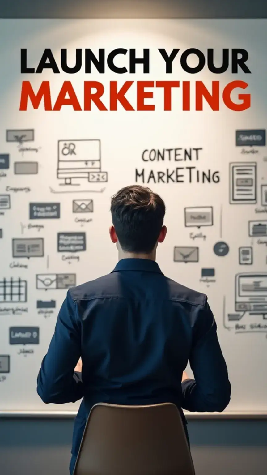 Marketing strategy for entrepreneurs: whiteboard with content, email, and paid ad icons, showcasing essential business resources and growth tactics.