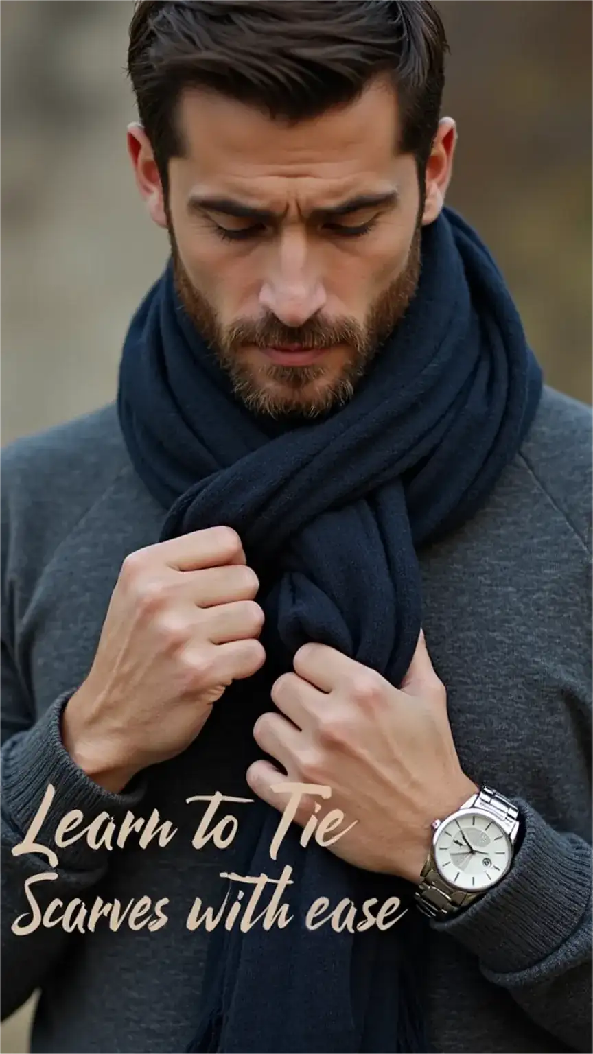 Man tying a classic scarf knot, a visual guide on how to wear scarves for men. Easy scarf styling for winter outfits, men's accessories.