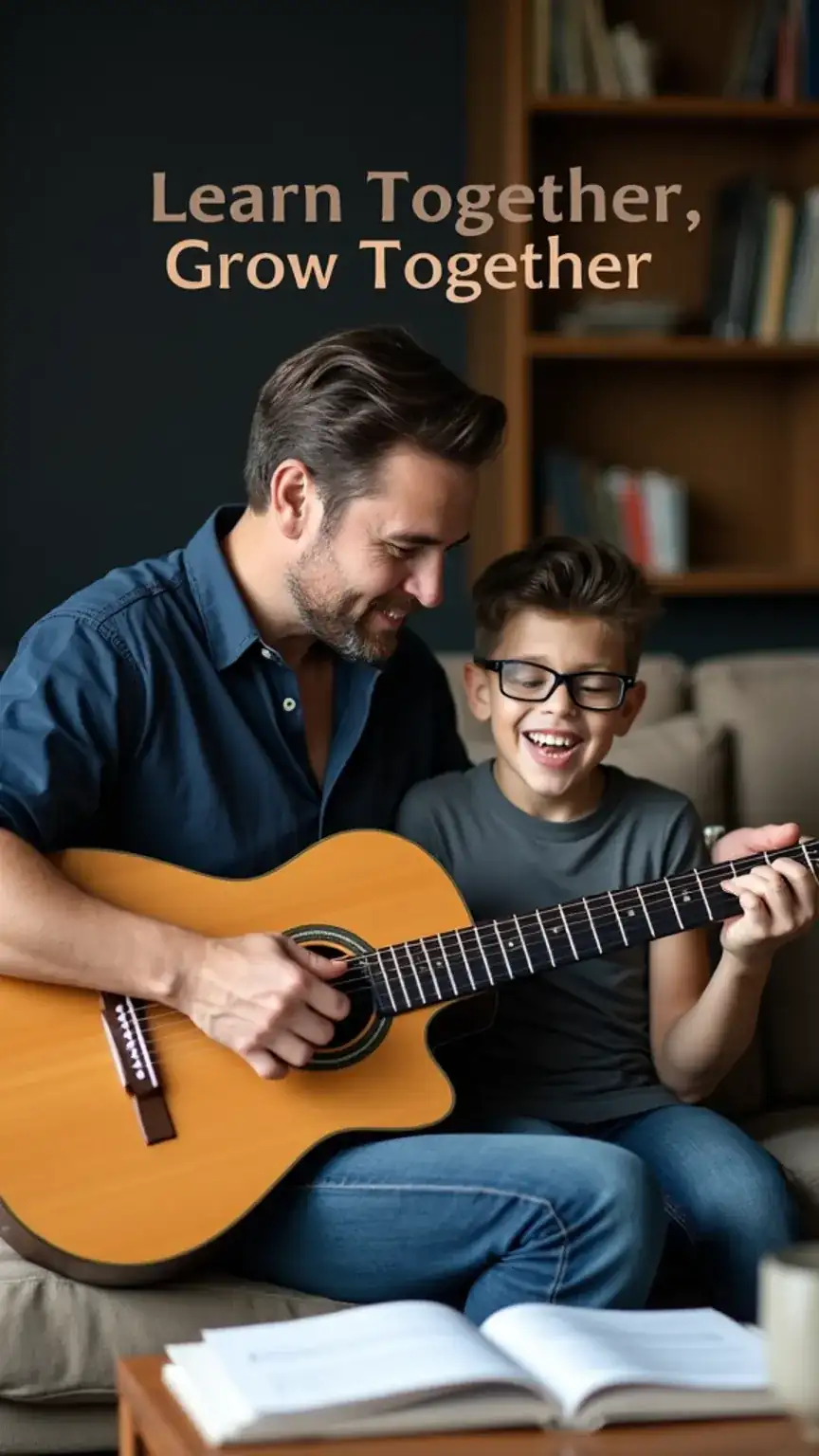 Father and son learning a new skill, dad and teen hobby ideas, family learning activities, bonding through new experiences.