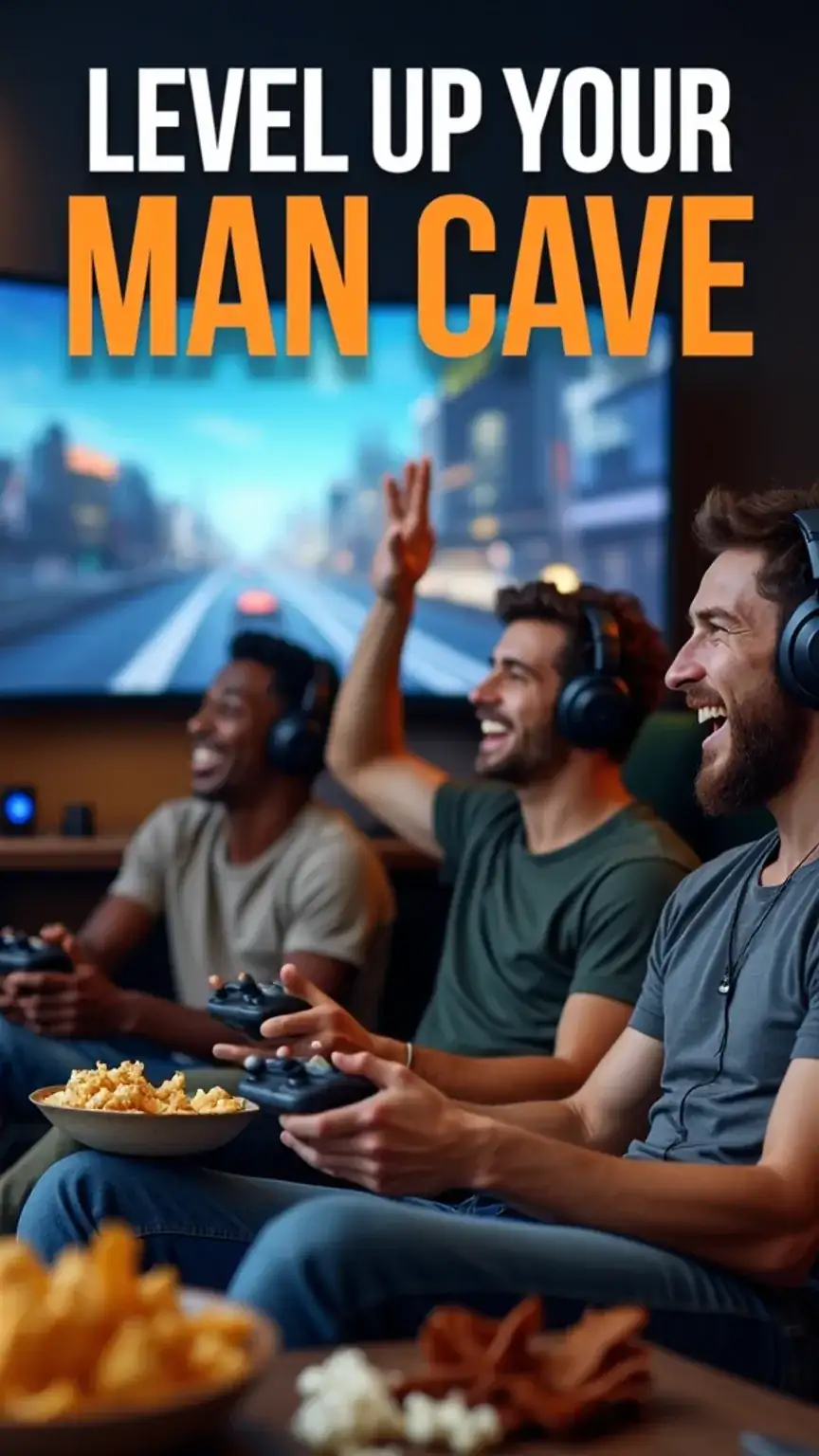 Friends enjoying video games in a dynamic man cave game room, illustrating game room ideas for ultimate entertainment.