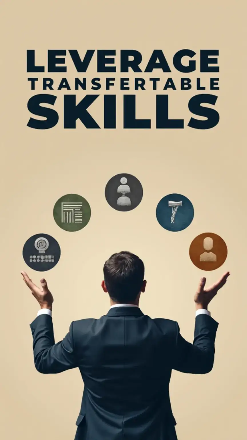 Man juggling skill icons, demonstrating transferable skills for career advancement. Job market tips and essential competencies.