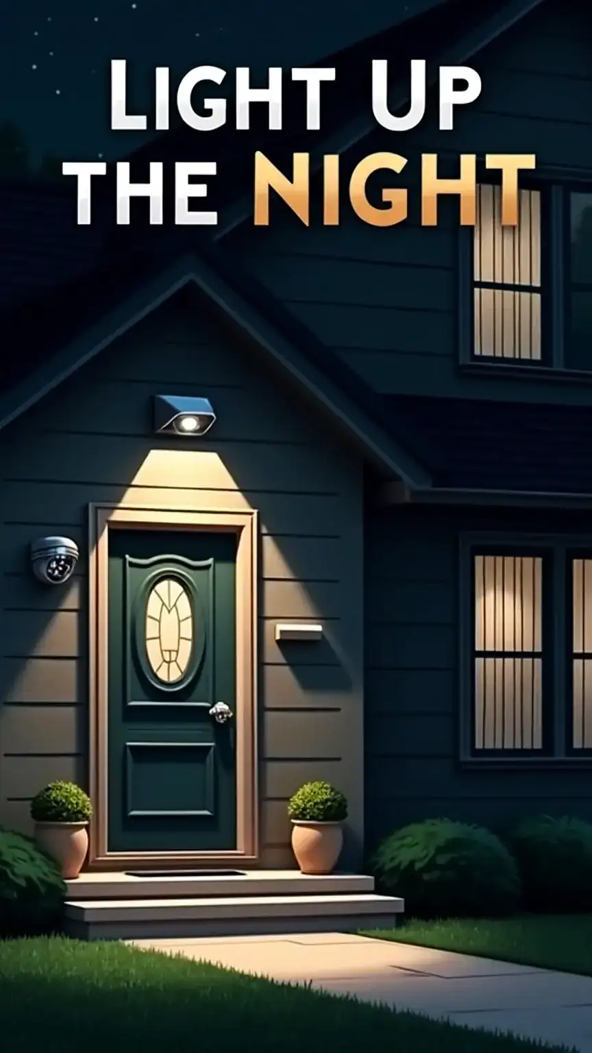 Home security lighting: Motion-activated LED light deterring burglars. Outdoor home safety, secure perimeter, night vision.