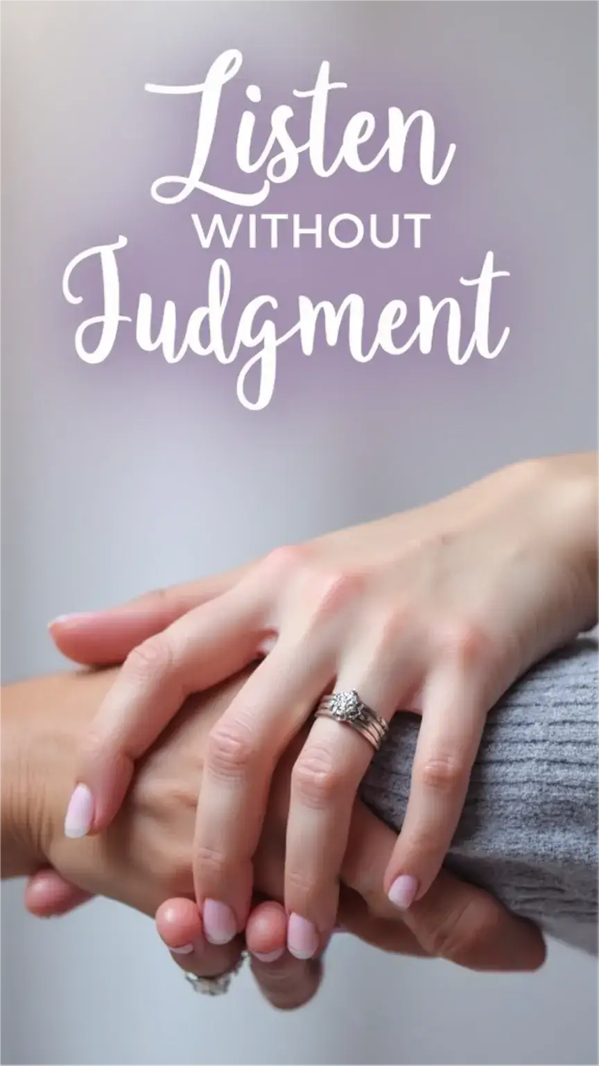 Couple holding hands, symbolizing listening without judgment and offering emotional support in a relationship. Pastel colors, feminine aesthetic.