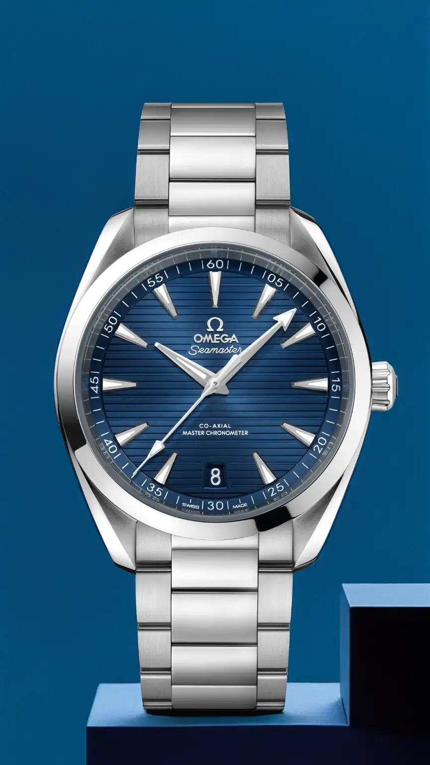 Close-up of a luxury Omega Seamaster Aqua Terra watch on a man's wrist. Best luxury watches, Omega for men, high-end timepieces, premium watches.
