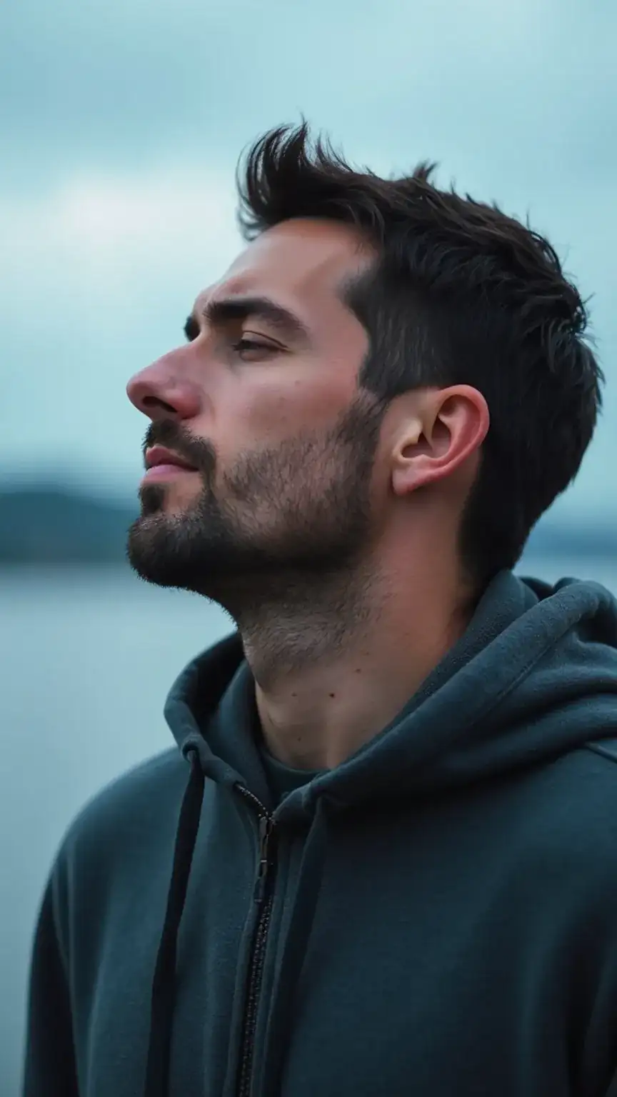 Man checking his emotions, finding emotional balance during decision-making. Keywords: emotional control, rational thinking, men's well-being, sensitivity balance.