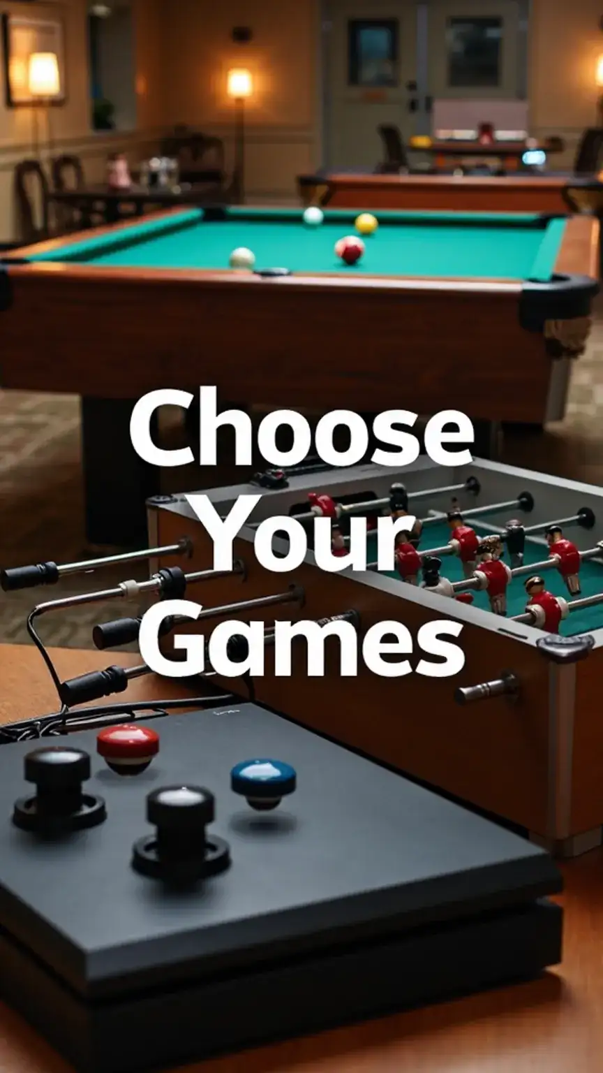 Man cave game room essentials: pool table, foosball table, and video game console, providing game room setup inspiration.