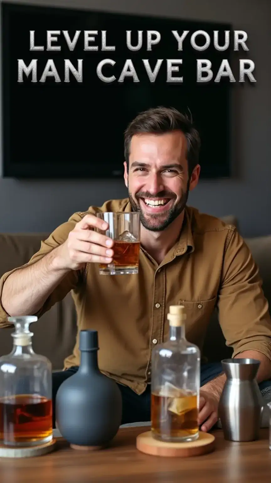 Man enjoying a drink at a DIY man cave bar, home bar setup, entertaining space, man cave ideas, custom home bar, DIY bar guide.
