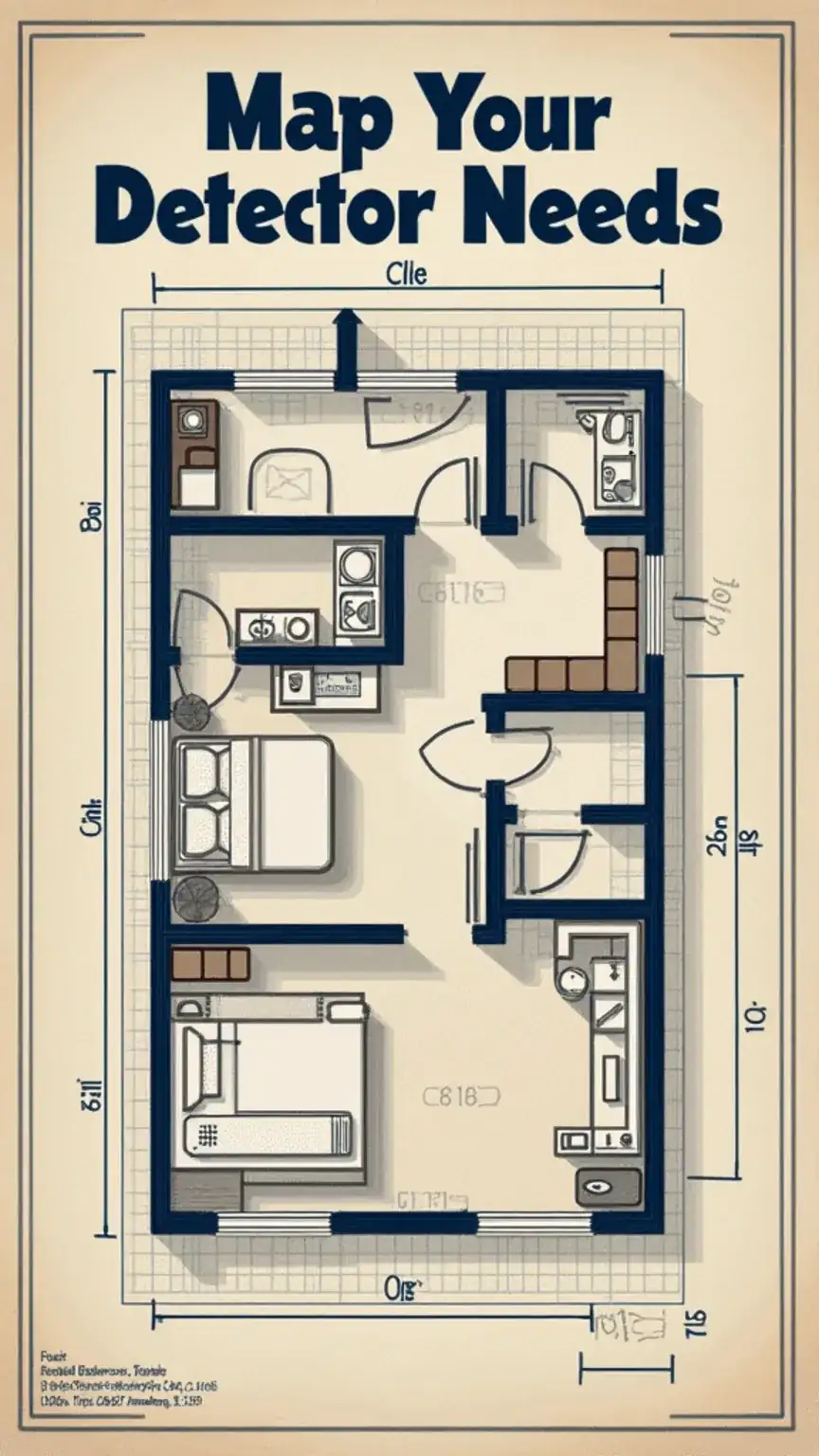Blueprint of a house highlighting smoke and carbon monoxide detector placement for home safety. Guide to choosing the right detector locations, essential for any guy's home safety.