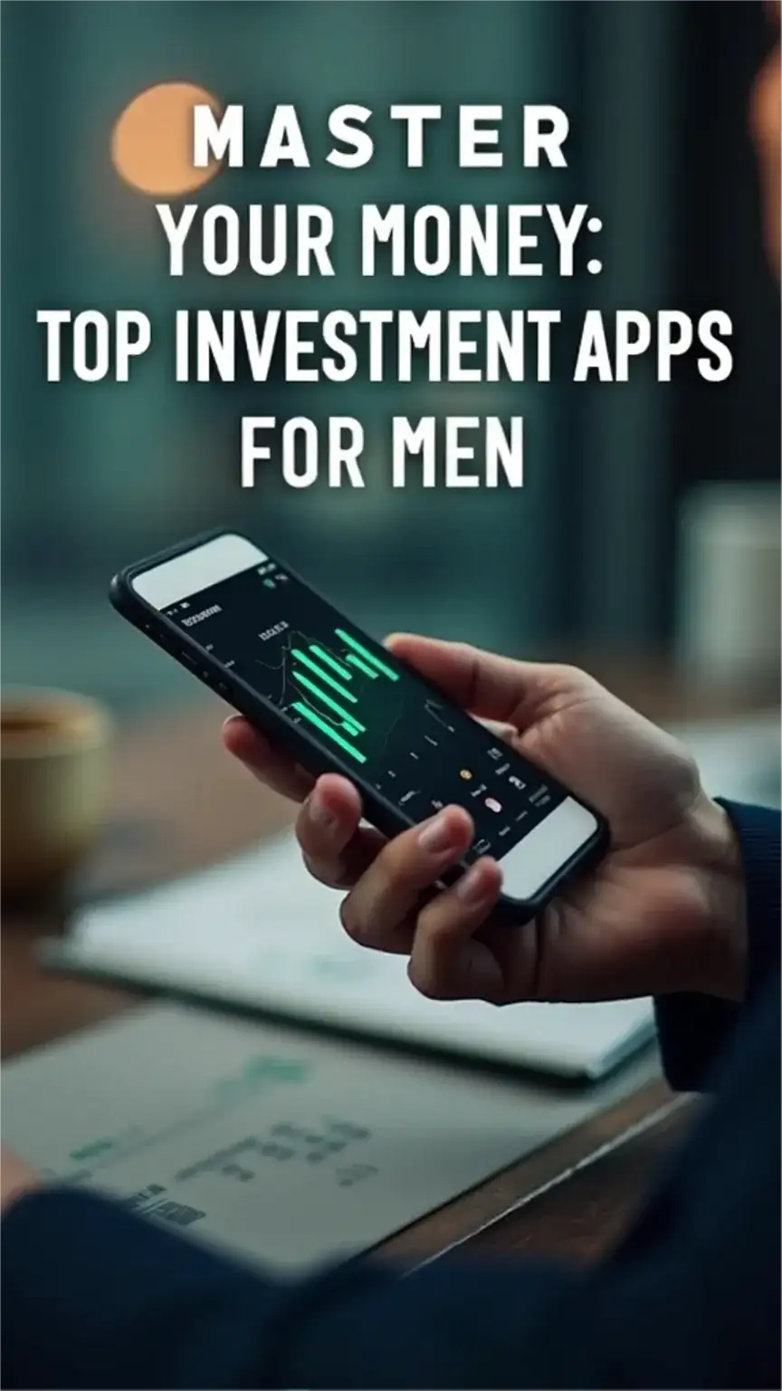 Pinterest pin and blog illustration: Man's hands holding a smartphone with an investment app, showing upward stock graphs. Focuses on best investment apps and tools for men to master their money.