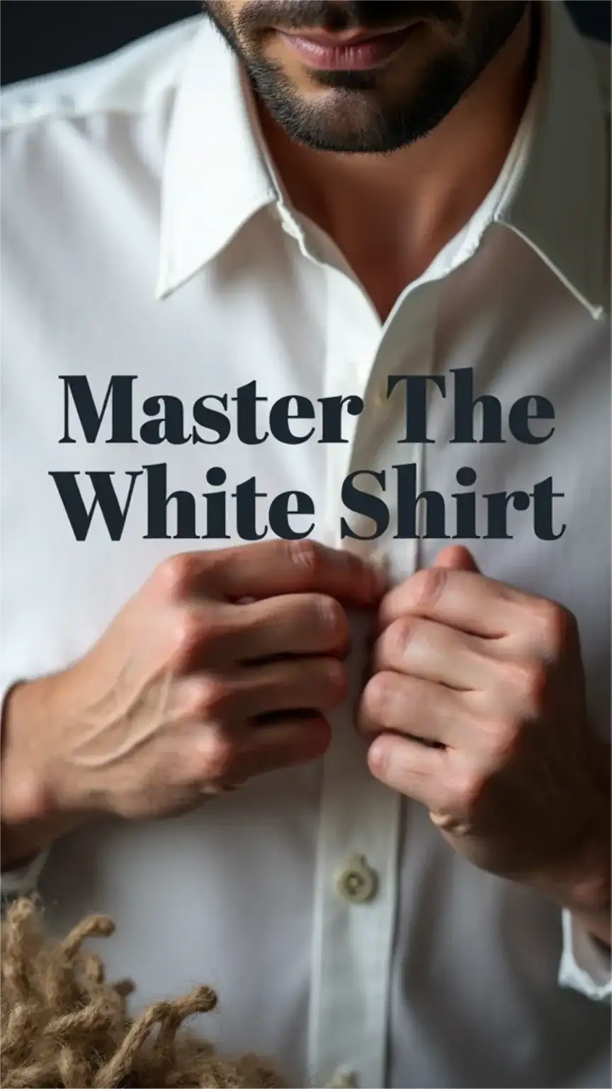 Man adjusting the collar of a crisp white dress shirt. Expert guide on men's white shirts, how to choose a white shirt, and men's style tips.