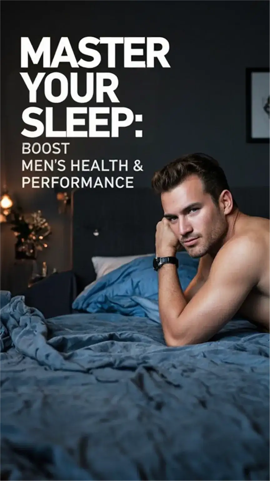 Cover image for men's sleep guide: a determined man in a bedroom, emphasizing men's health and performance through better sleep quality.