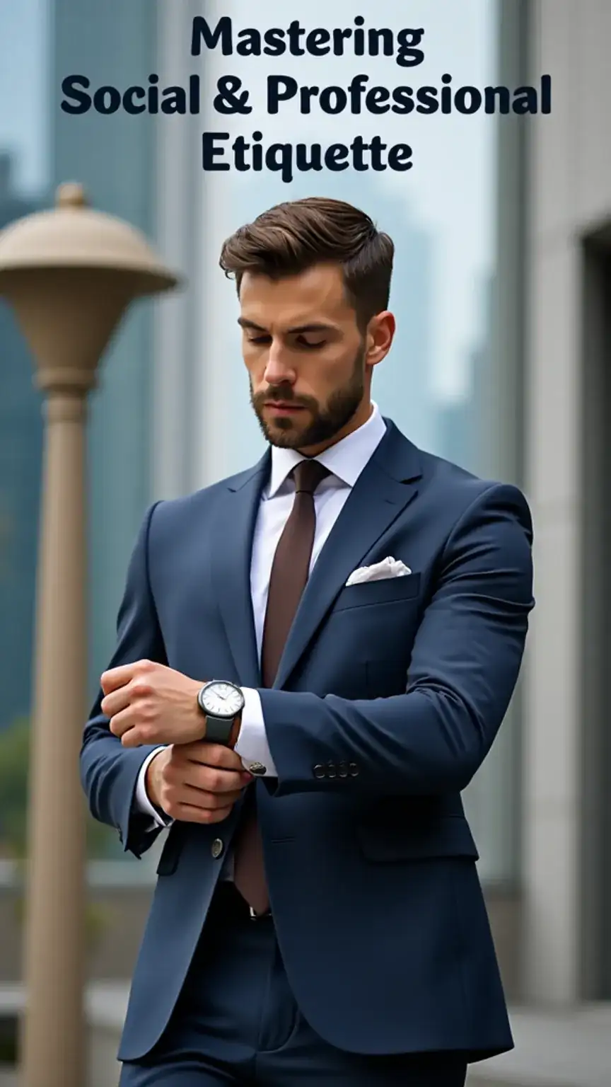 Man checking watch, mastering social etiquette, professional etiquette, business manners, improving personal skills, networking advice, punctuality.