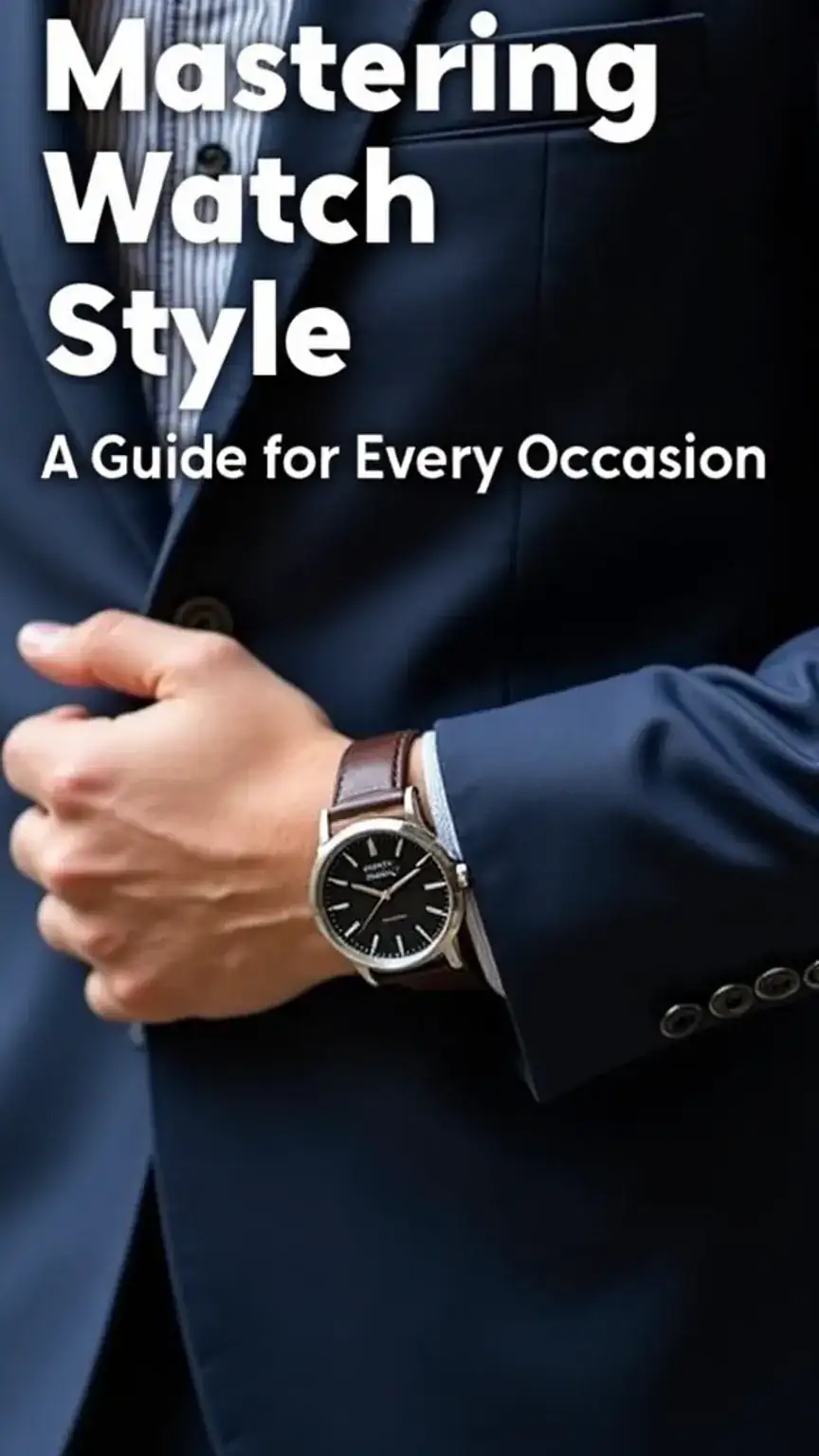 Man's wrist with a classic stainless steel watch, leather strap, and navy blazer, mastering watch style for men's fashion, men's watch styling guide.