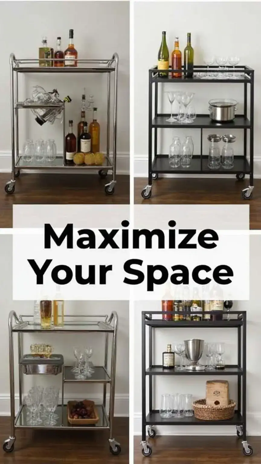 Efficient bar storage solutions using a bar cart or shelves, demonstrating how to organize a home bar for maximum space and accessibility.