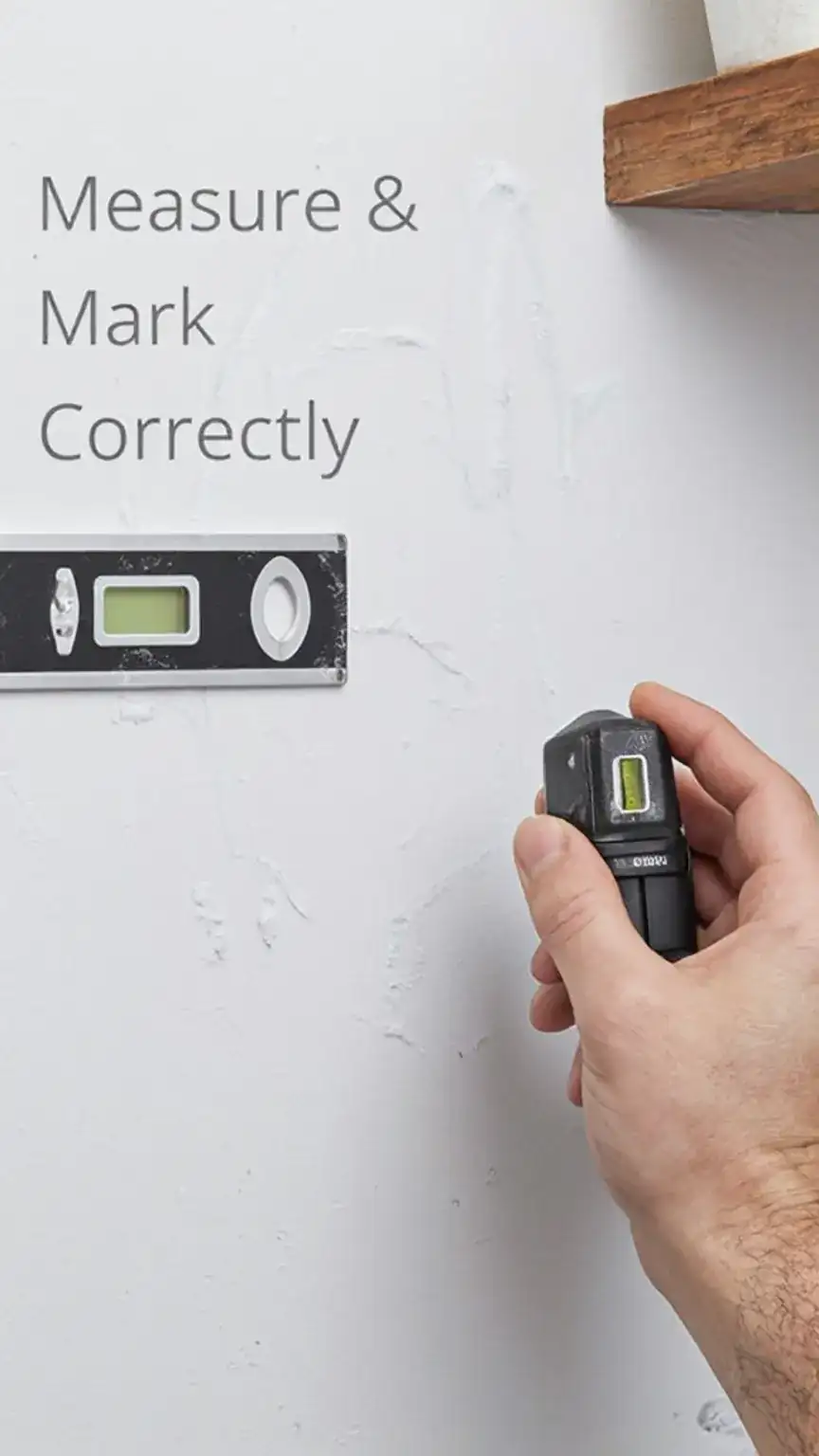 Measuring and marking for shelf installation, using a stud finder and level, DIY home improvement, precise measurements for organization.
