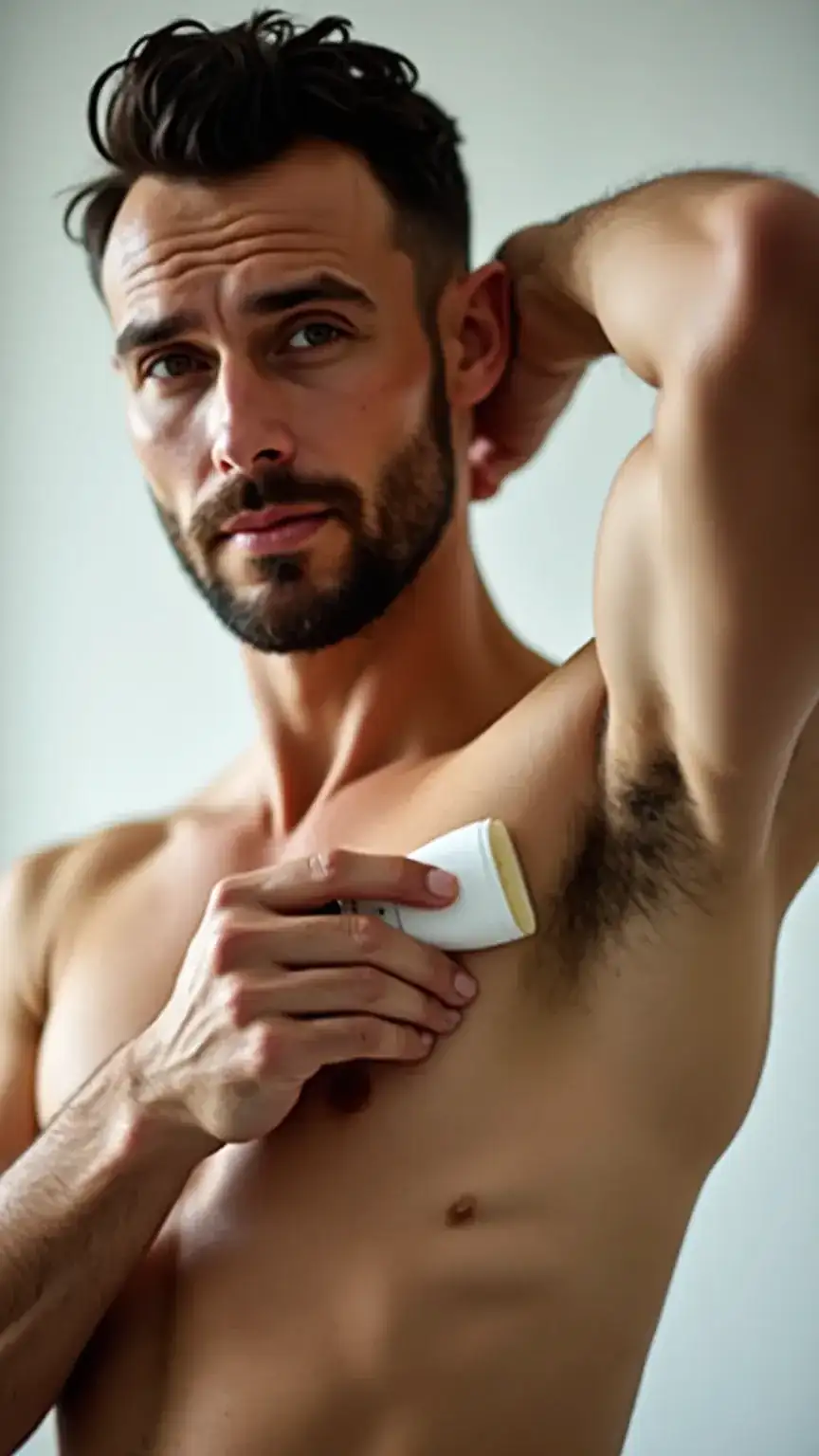 Men's deodorant application for staying fresh, a vital part of a busy man's grooming routine and self-care.