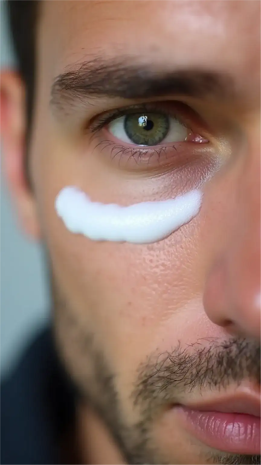 Men's eye cream application for reducing fine lines and puffiness. Essential part of a quick self-care routine for men.