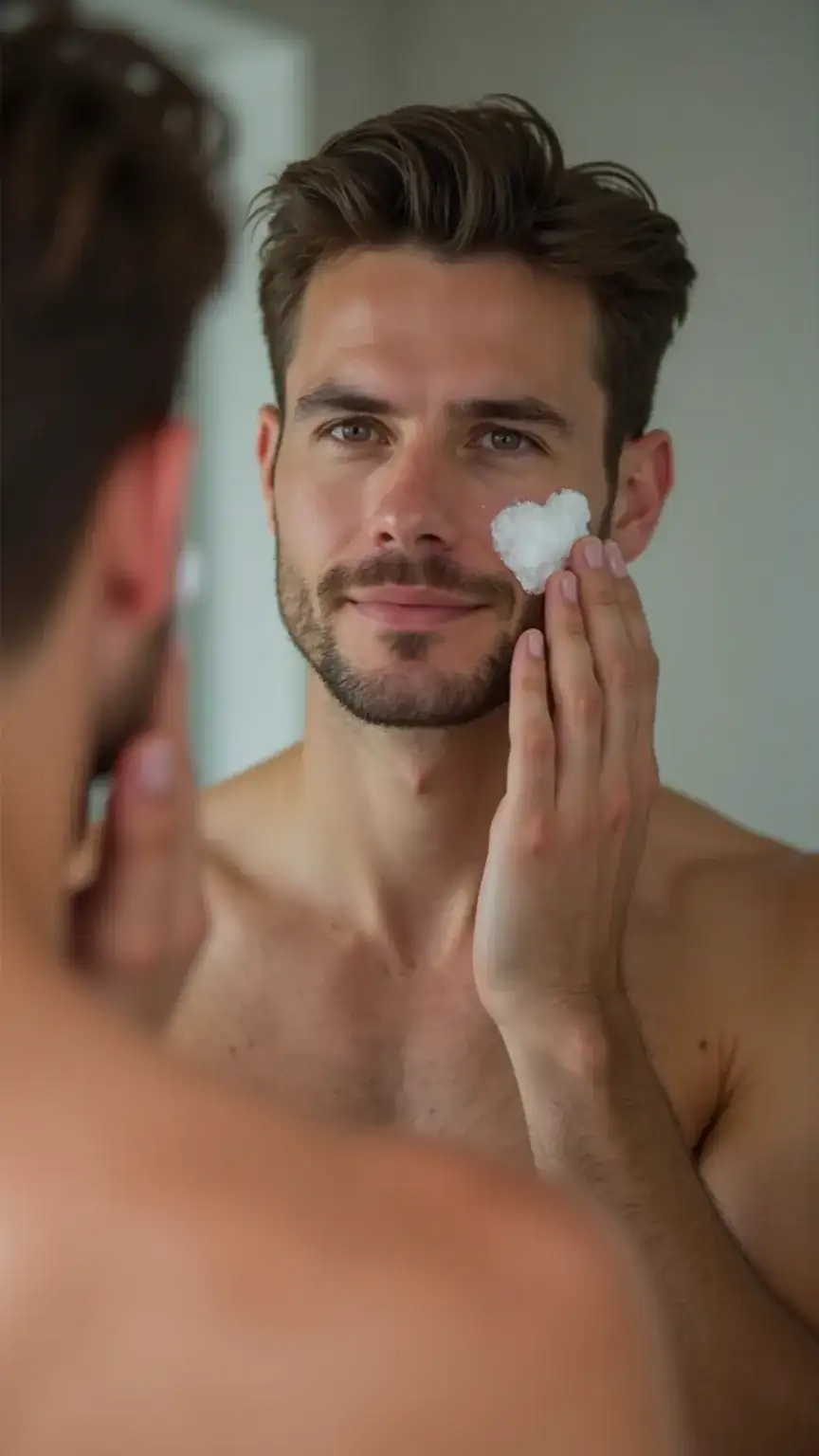 Man applying facial moisturizer, an essential part of men's travel toiletries for maintaining healthy skin.