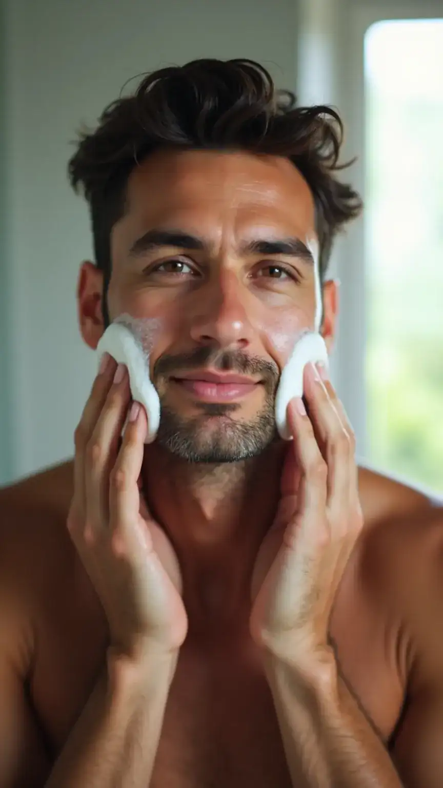 Man washing his face with a gentle cleanser as part of a quick men's grooming routine. Focus on clean skin and self-care for men.