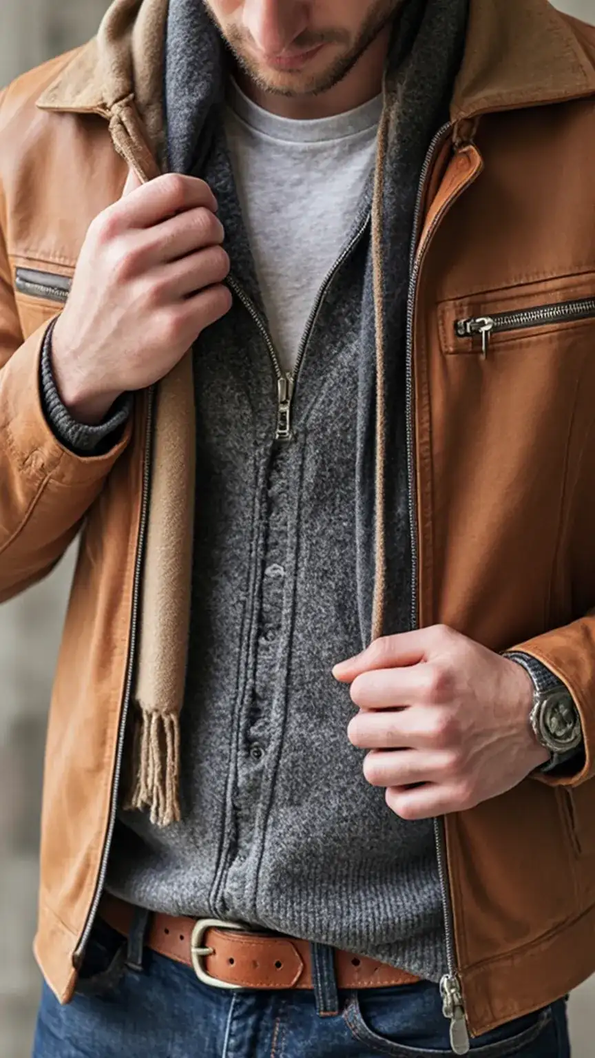 Men's fall layering guide, how to layer clothing for autumn, men's style tips, knit sweater and scarf outfit, seasonal fashion layering.