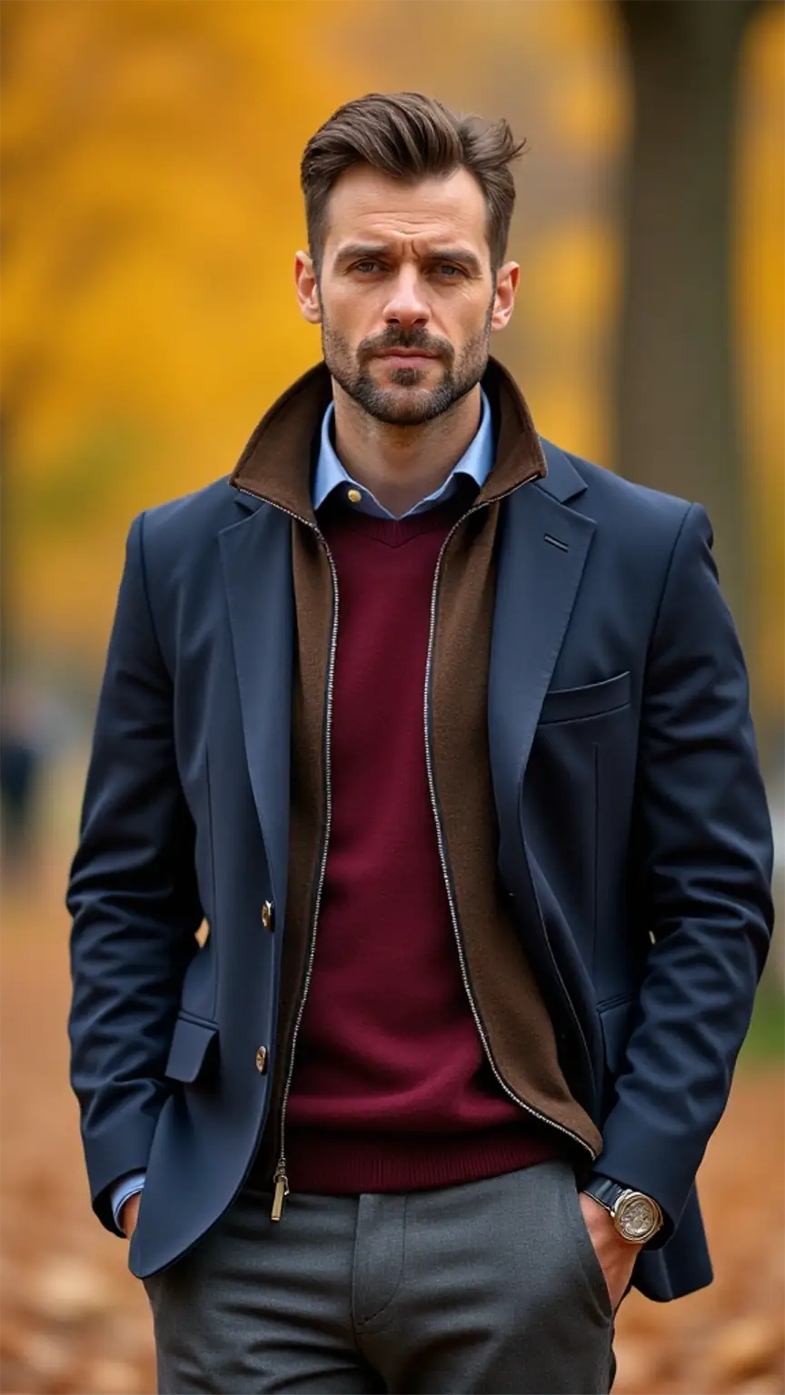 Man wearing charcoal chinos, wine red sweater, brown cardigan, and navy blazer in an autumn park setting