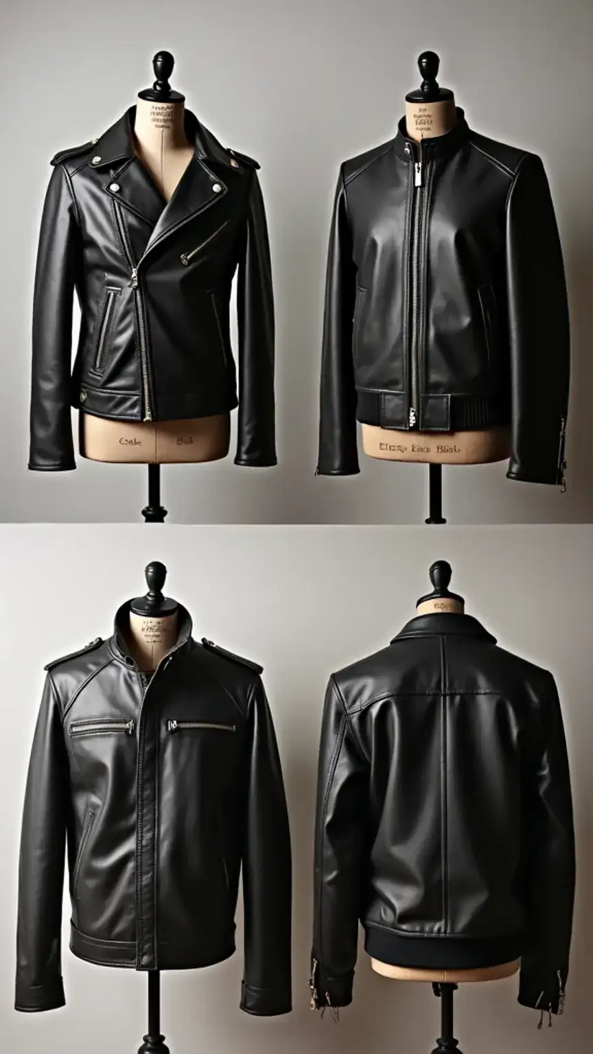 Different styles of men's leather jackets, including biker and bomber jackets, to help choose the right leather jacket style for personal fashion.