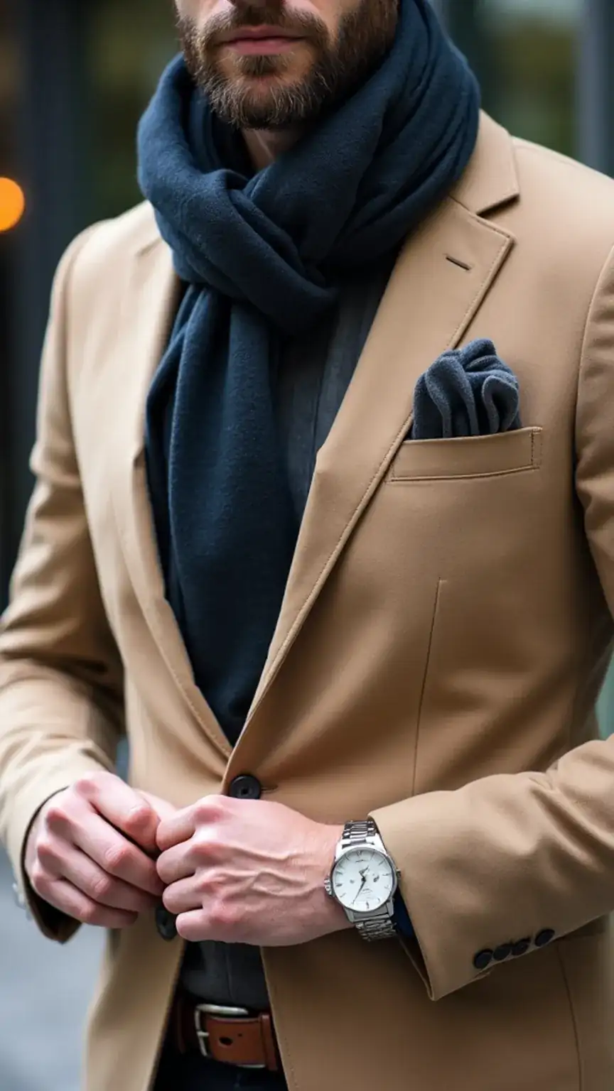 Men's scarf styling with accessories like pocket squares and watches. Elevate your outfit, dapper men's fashion.