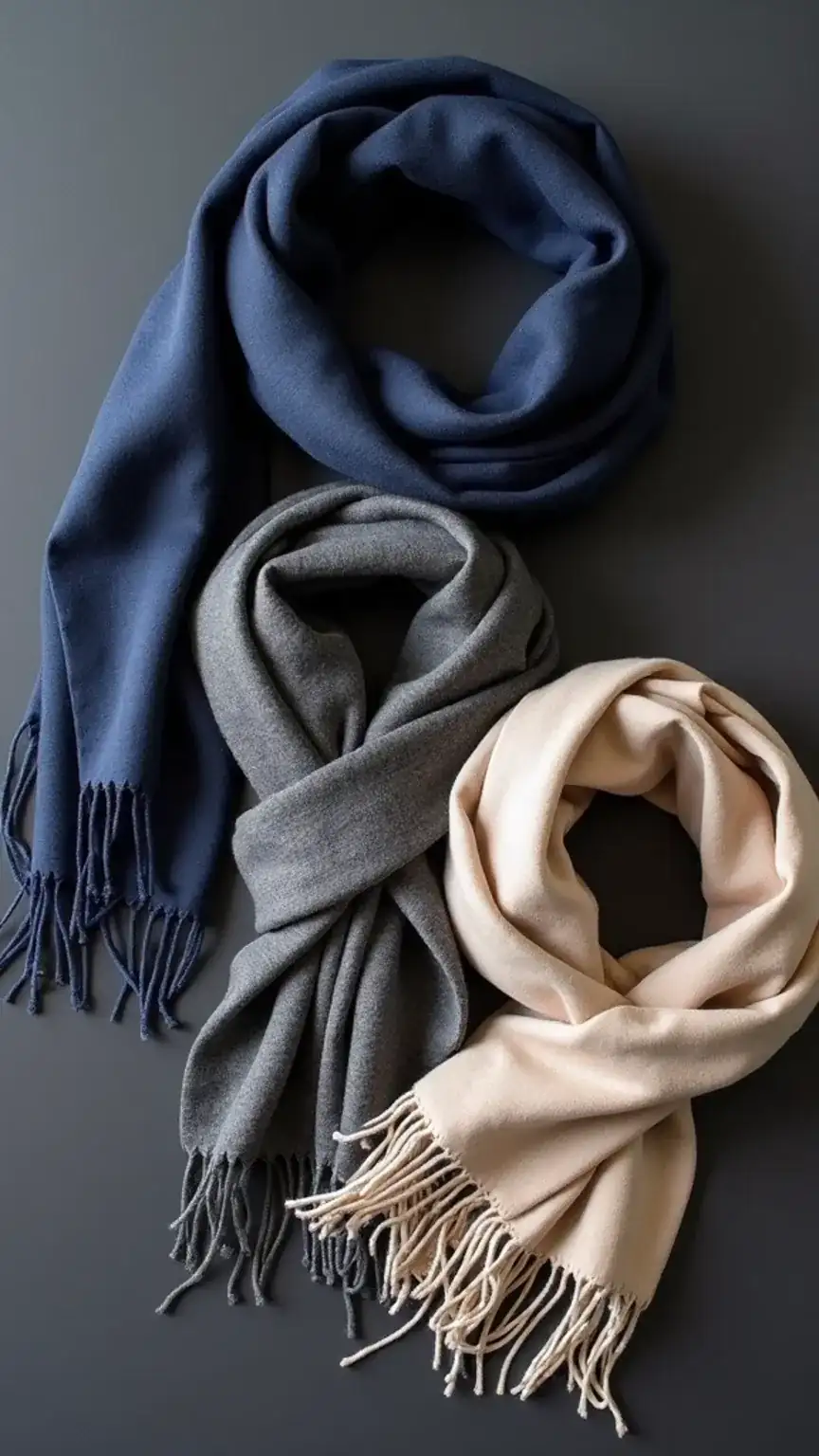 Choosing scarf colors for men, neutral tones like navy, grey, and beige. Men's scarf styling, versatile color options.