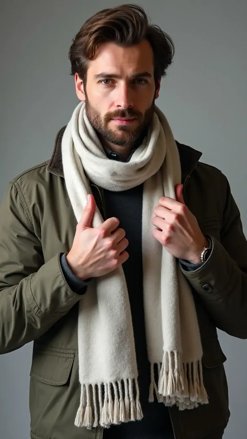 Scarf length guide for men, how to choose the right size scarf. Mens scarf styling tips, proper scarf fit.