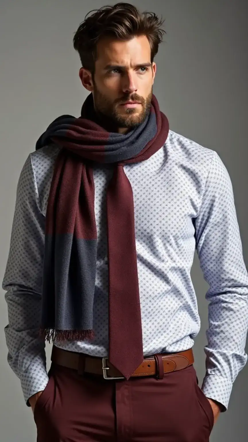 Mix and match scarf styling for men, pairing with patterned shirts and ties. Mens fashion trends, bold accessory combinations.