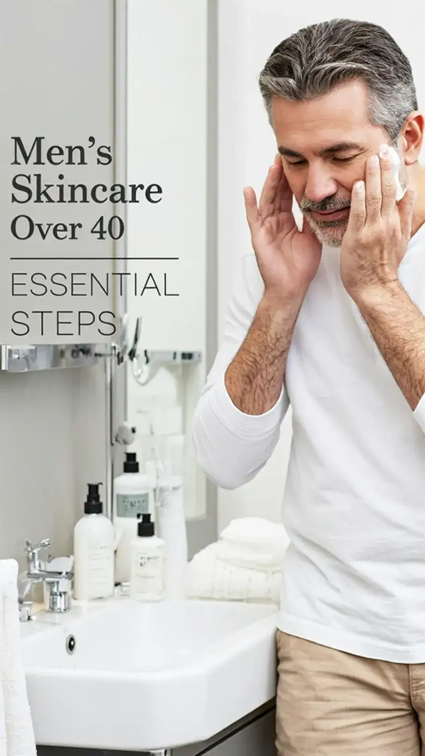 Man over 40 cleansing his face, illustrating men's skincare routine and anti-aging tips for mature skin.