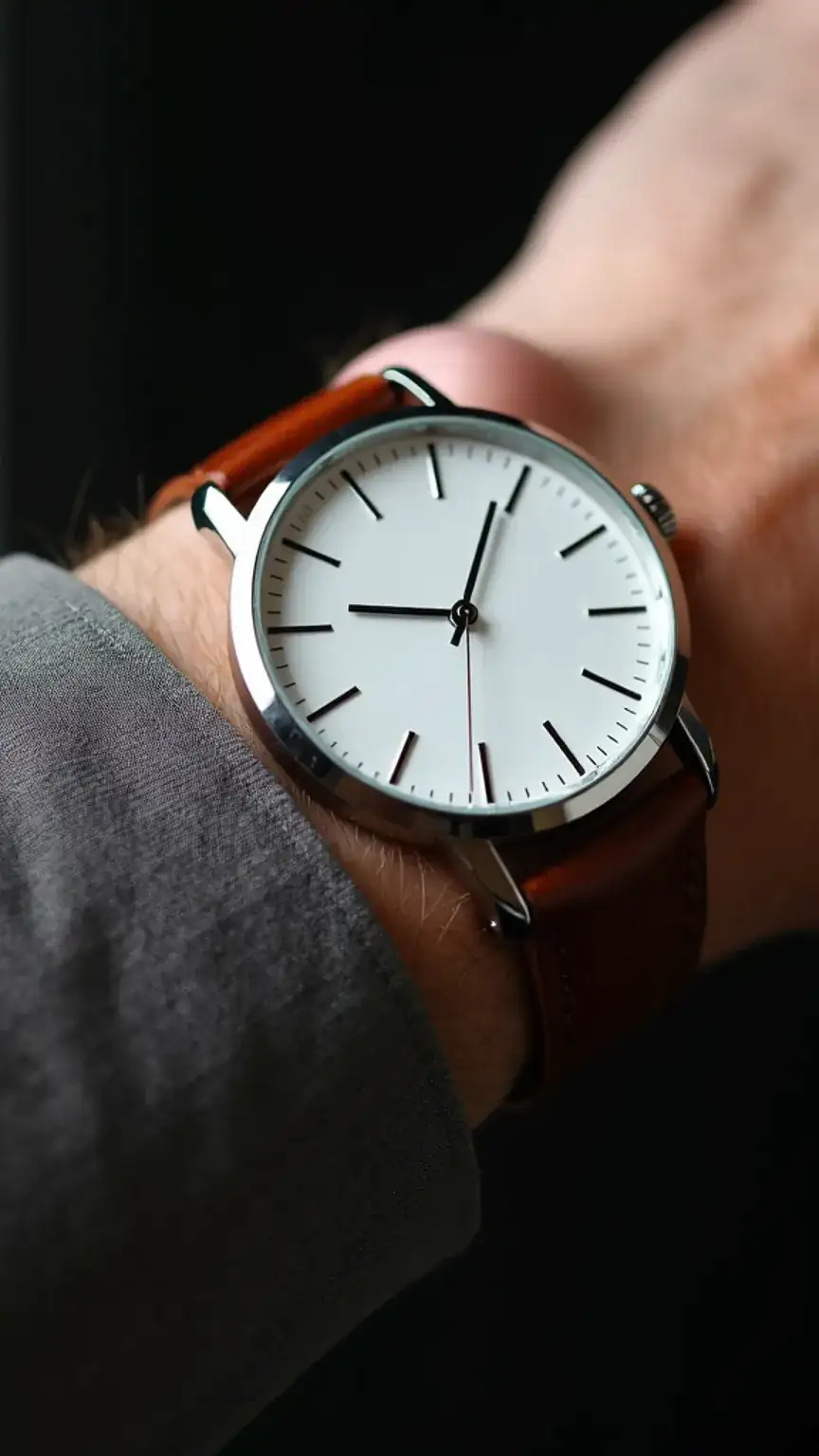 Close-up of a classic men's watch with a leather strap, an essential accessory for men's fashion basics and wardrobe staples.