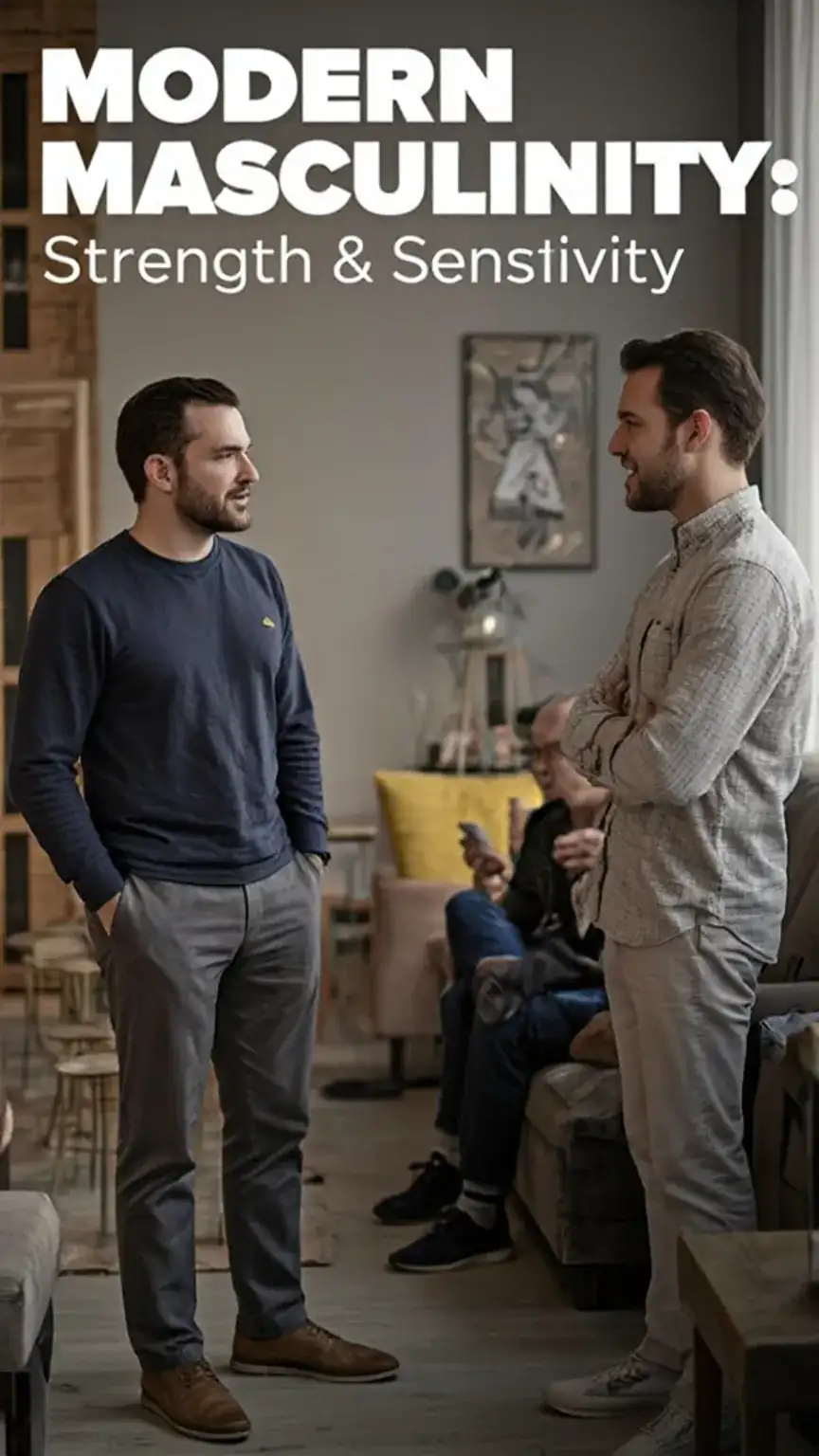 Men engaging in a deep conversation, illustrating the balance of strength and sensitivity in modern masculinity. Keywords: modern man, emotional intelligence, communication skills, men's guide.