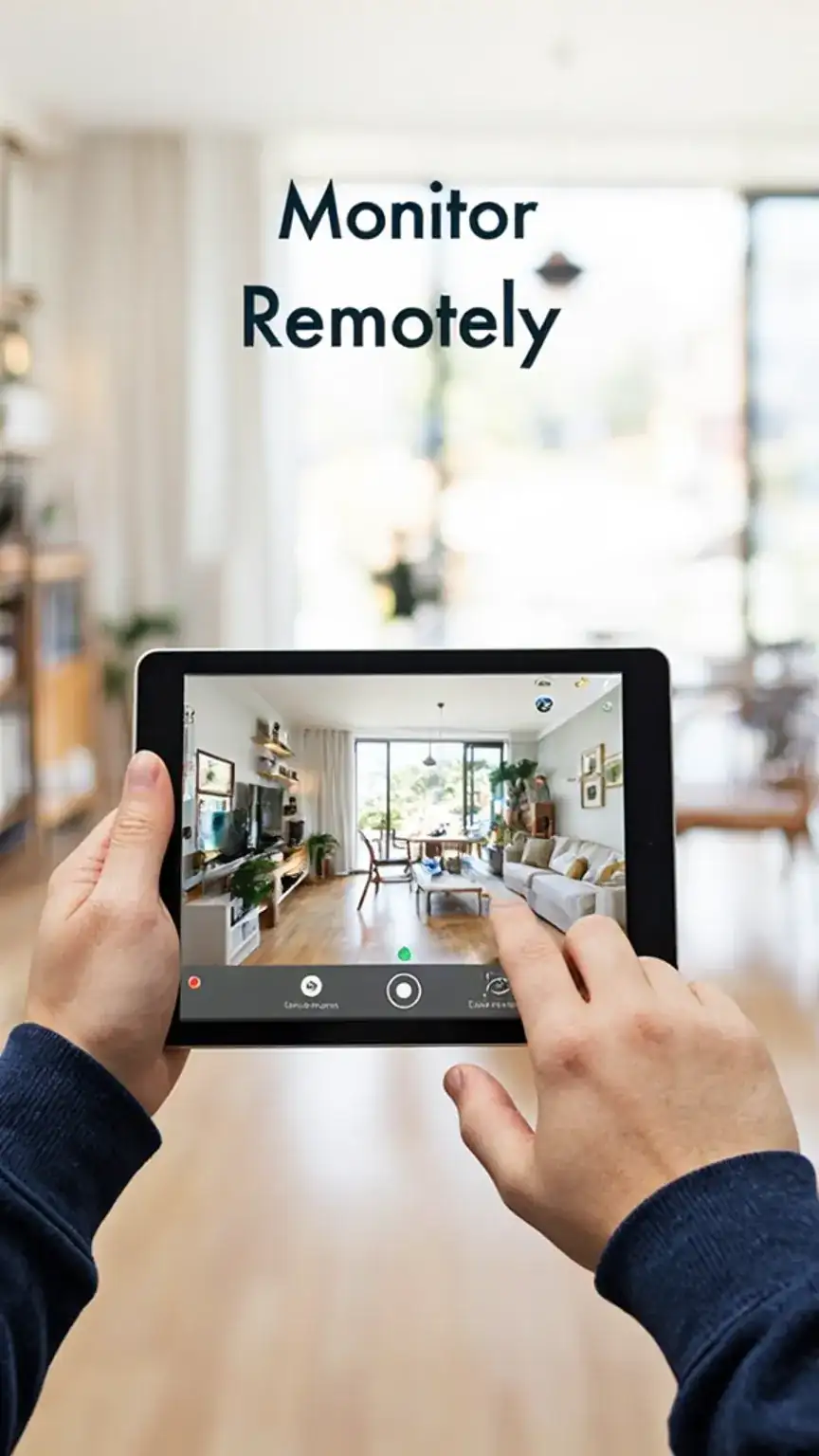 Smart home security system: Remote monitoring via tablet. Home safety technology, smart cameras, connected living.