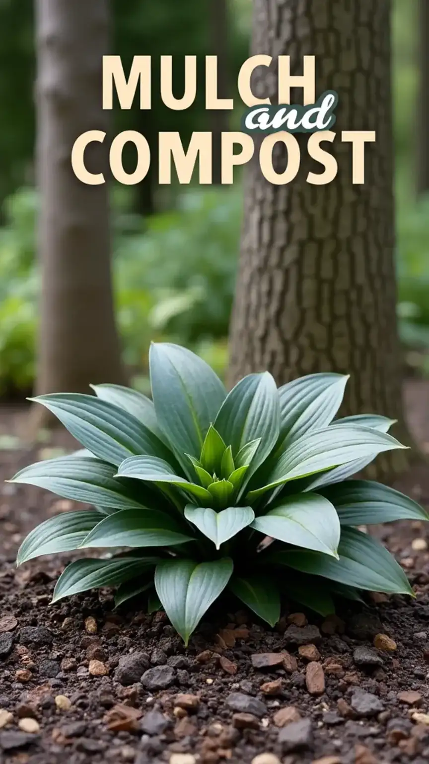 Mulching around a plant for a low-maintenance garden, showing bark chips for moisture retention. Keywords: garden mulch, compost, easy garden maintenance, garden tips, soil health.