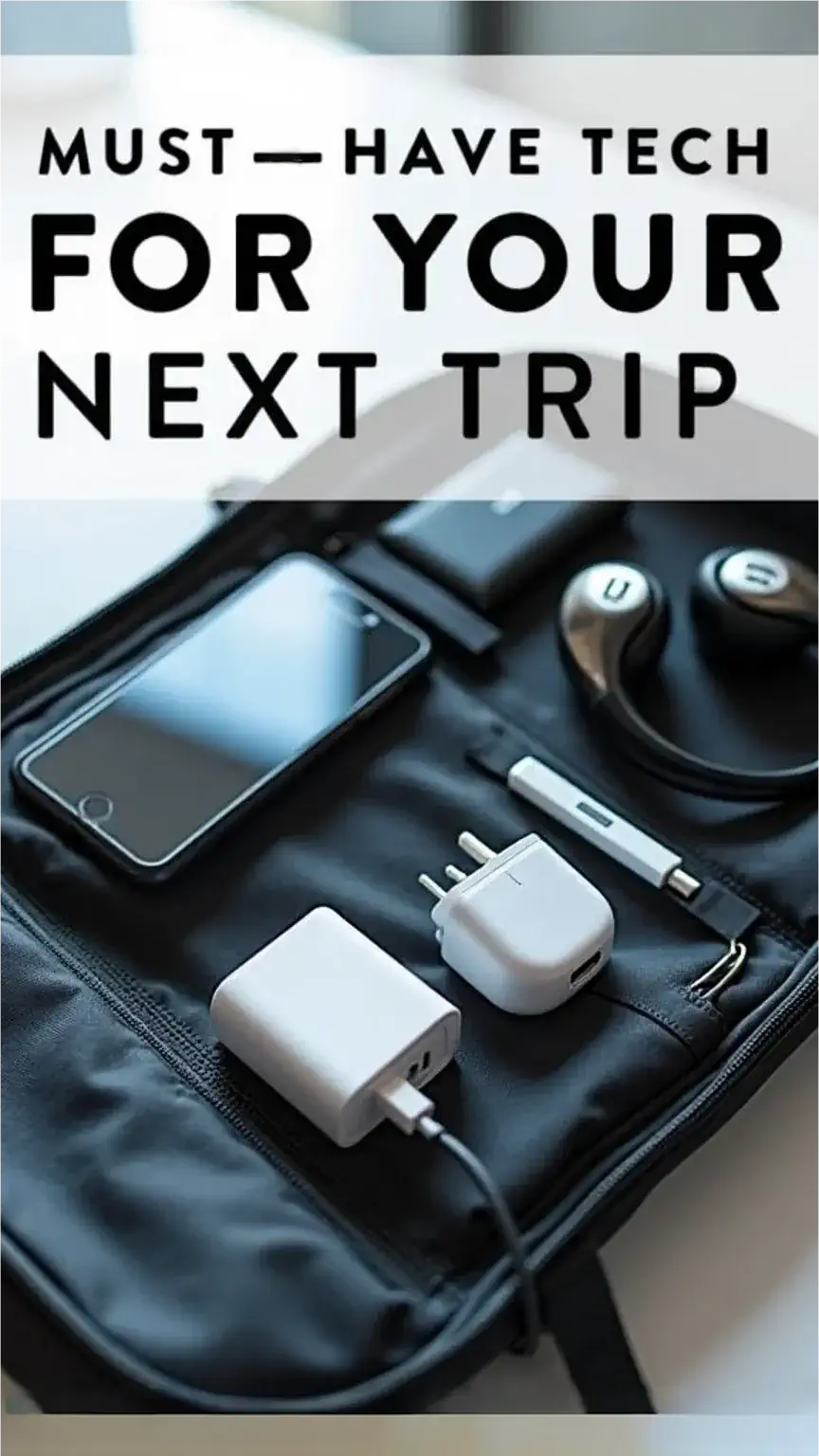 Travel tech essentials for men, including portable power bank, universal adapter, and noise-cancelling headphones for men's travel gadgets and gear.